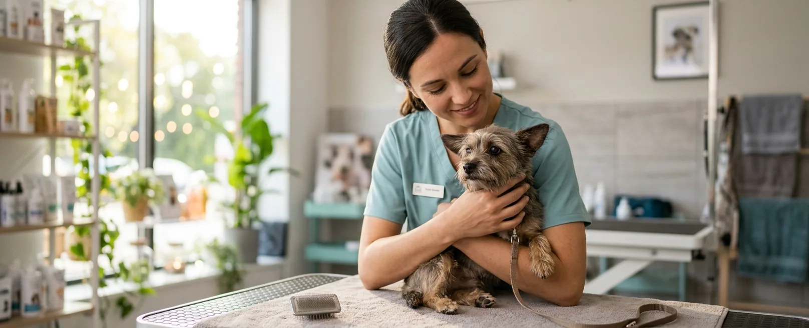 Patient groomer gently comforting nervous small dog at Fancy Pet Salon Lynchburg VA