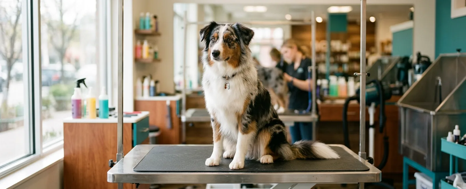 Tricolor merle Australian Shepherd freshly groomed on grooming table at Fancy Pet Salon