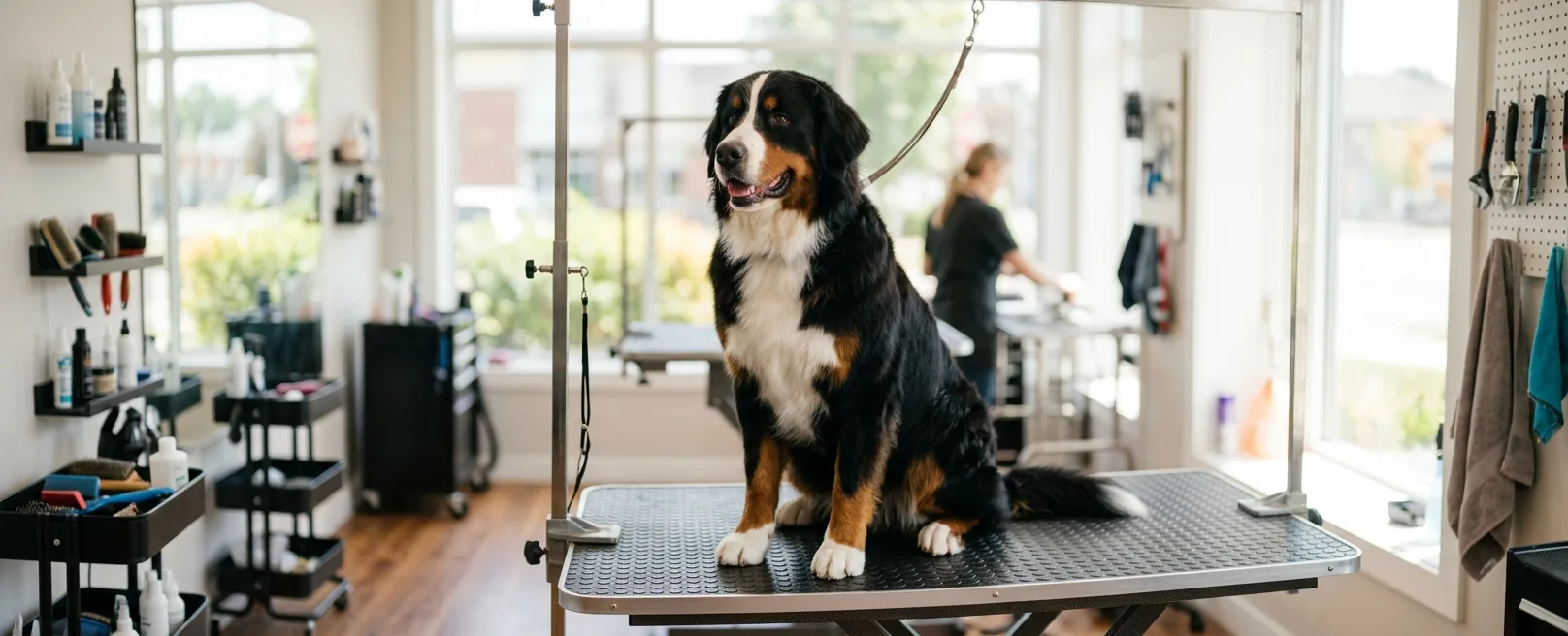 Bernés de la Montaña con manto tricolor recién cepillado en Fancy Pet Salon Lynchburg VA