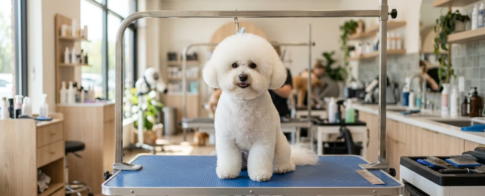 Bichon Frise esponjado con corte clásico en mesa de peluquería en Fancy Pet Salon