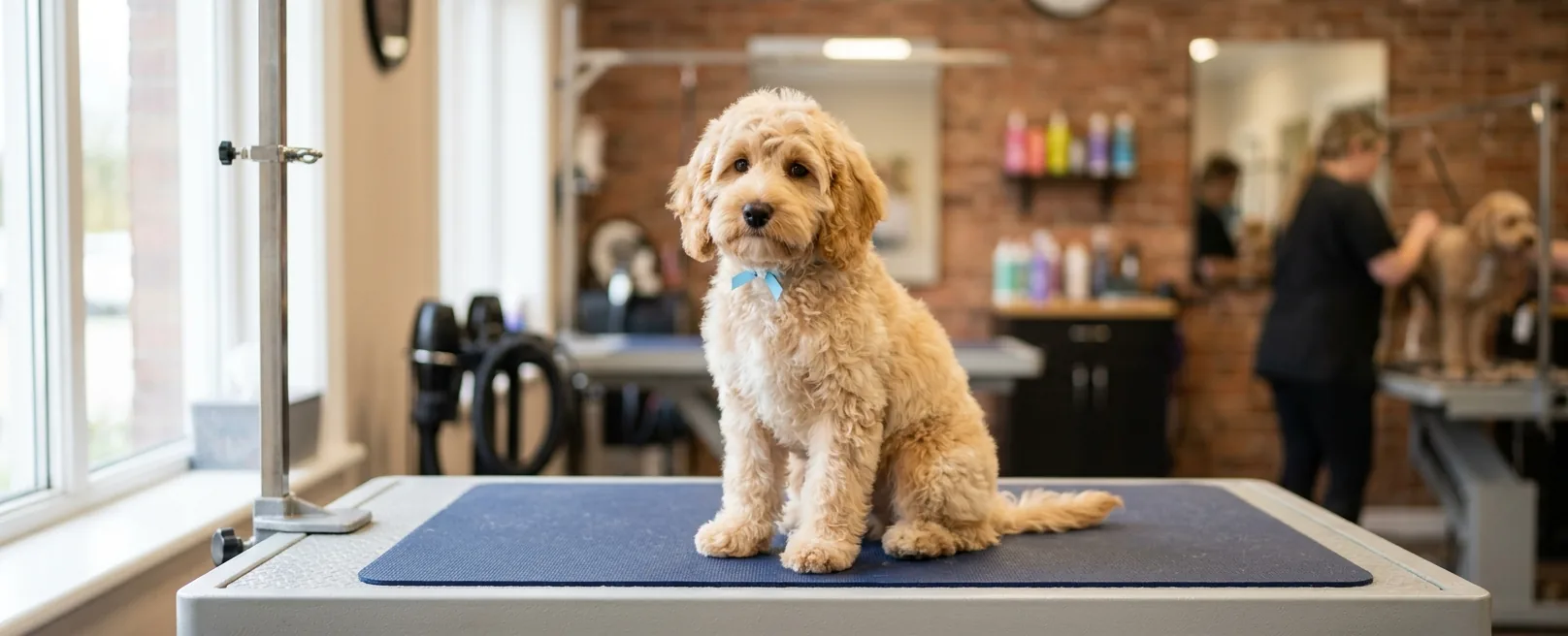 Cream Cockapoo in teddy bear cut on grooming table at Fancy Pet Salon