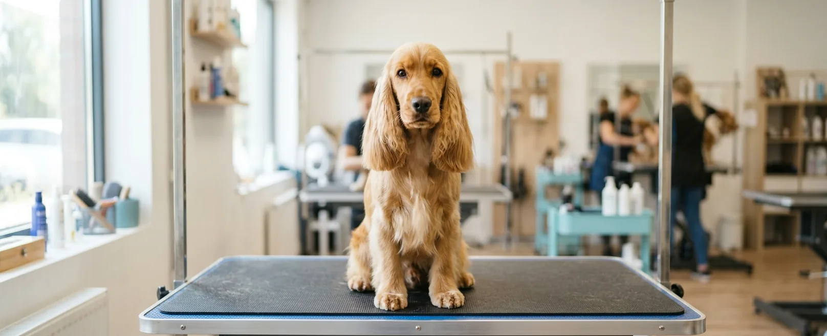 Cocker Spaniel dorado con orejas largas recién aseado en Fancy Pet Salon