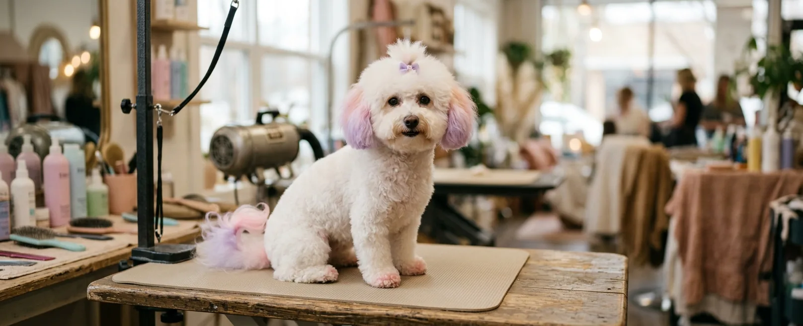 Bichon with tasteful pink and lavender dye accents on ears and tail at Fancy Pet Salon