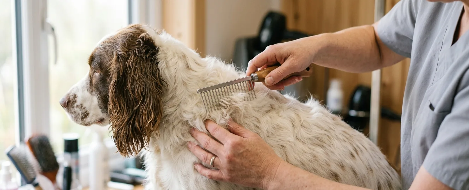 Peluquera canina retirando nudos del pelaje de spaniel con peine de dientes anchos