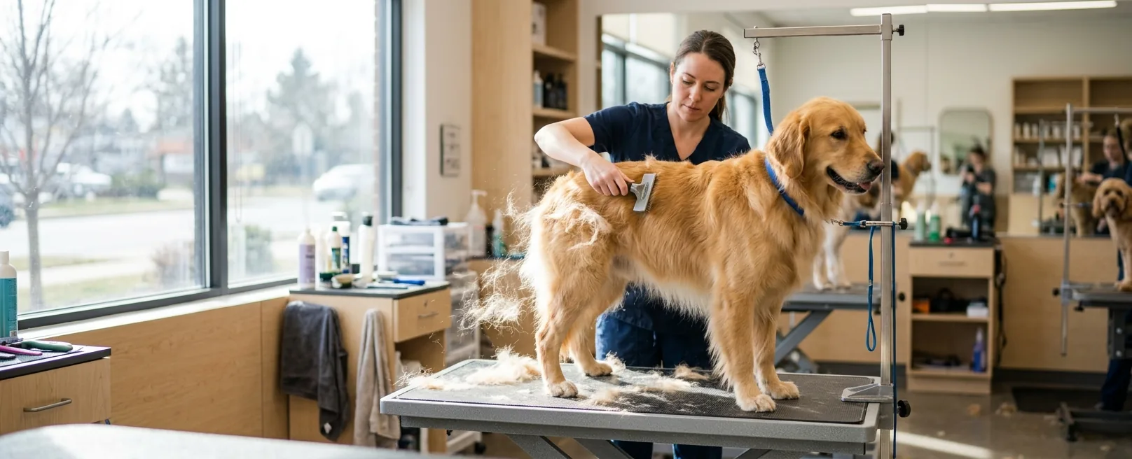 Golden Retriever receiving deshedding treatment on grooming table in modern pet salon