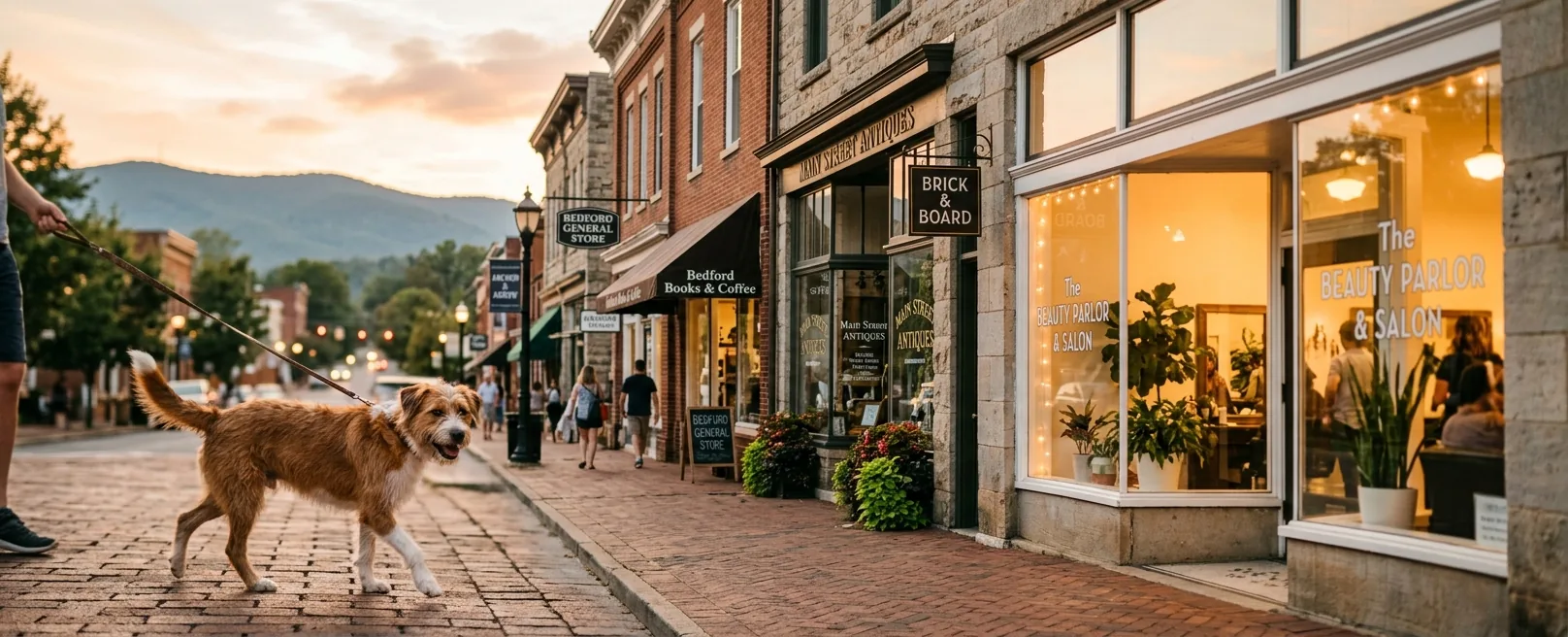 Dog walking on Main Street with historic storefronts and Blue Ridge mountains in Bedford, VA