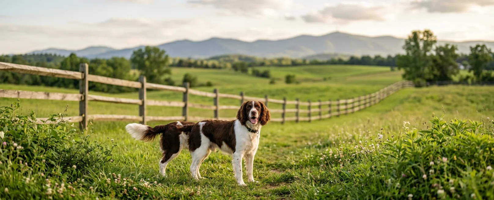 Dog in green countryside with Blue Ridge mountains in Concord, Virginia
