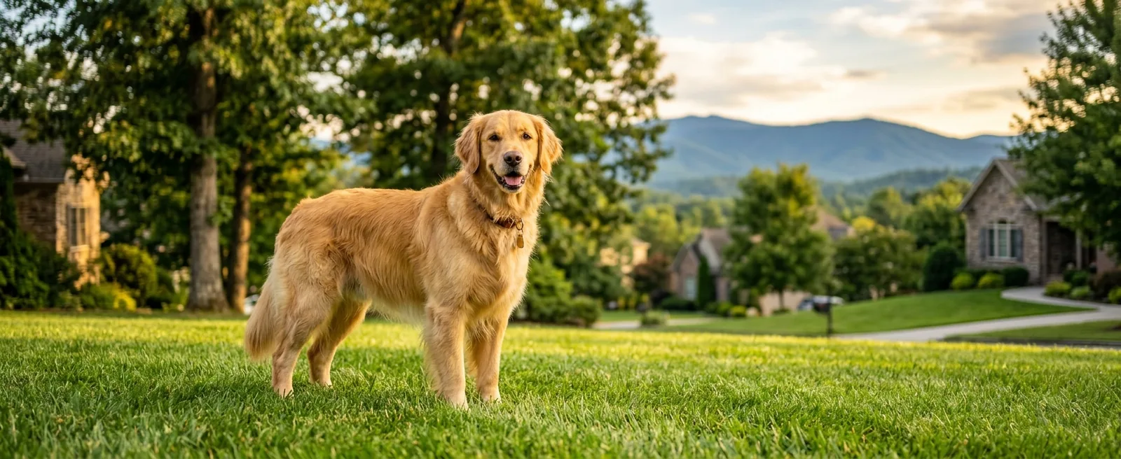 Golden Retriever on suburban lawn with Blue Ridge mountains in Forest, VA