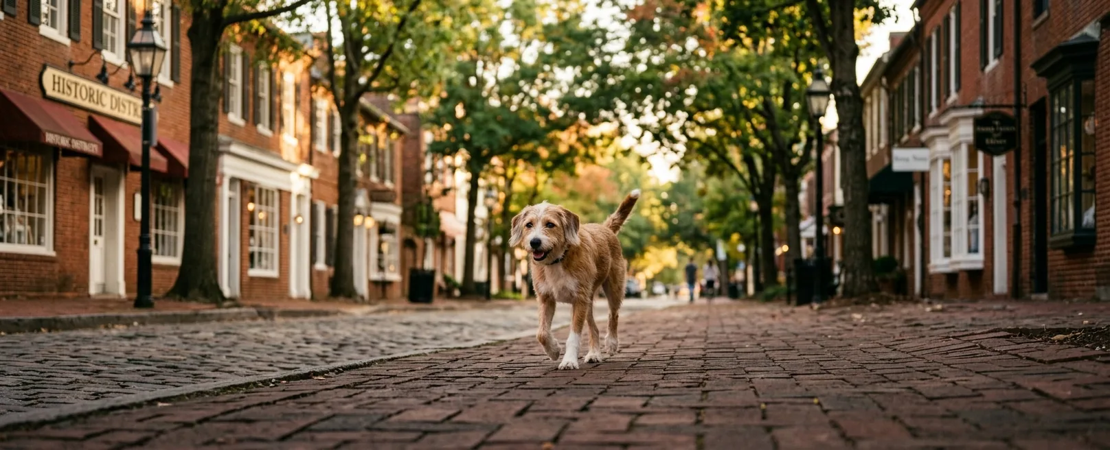 Dog walking on historic brick street in downtown Lynchburg, Virginia