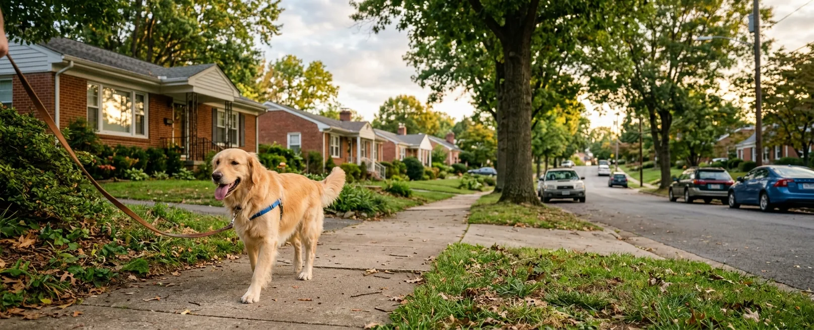 Perro en calle residencial arbolada en Madison Heights, Virginia
