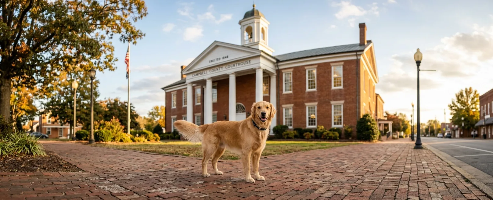 Dog in front of historic small-town courthouse-style building in Rustburg, Virginia