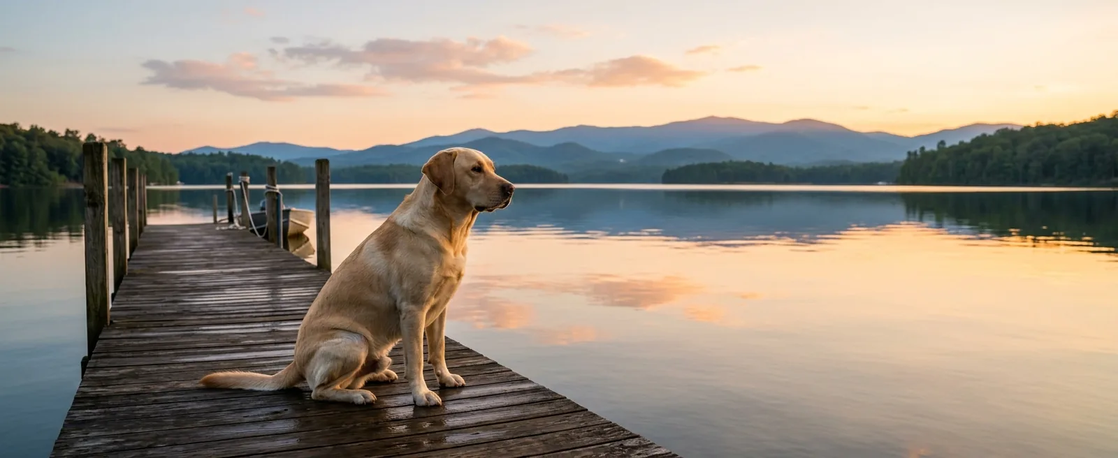 Labrador on wooden dock at golden hour, Smith Mountain Lake, Virginia