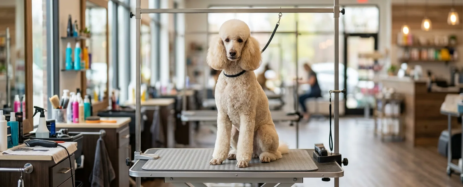 Curly coated poodle freshly groomed at Fancy Pet Salon in Lynchburg VA