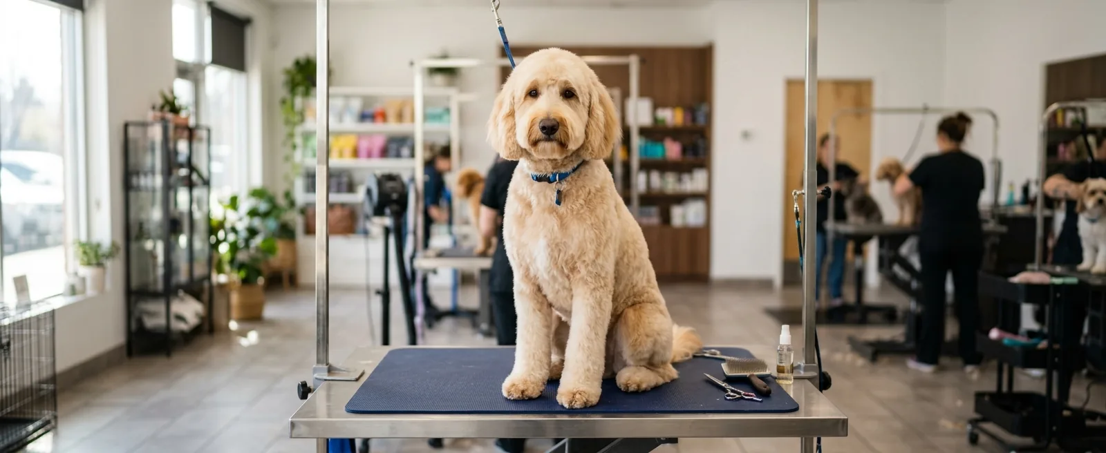 Goldendoodle with a soft teddy bear style groom at Fancy Pet Salon in Lynchburg VA