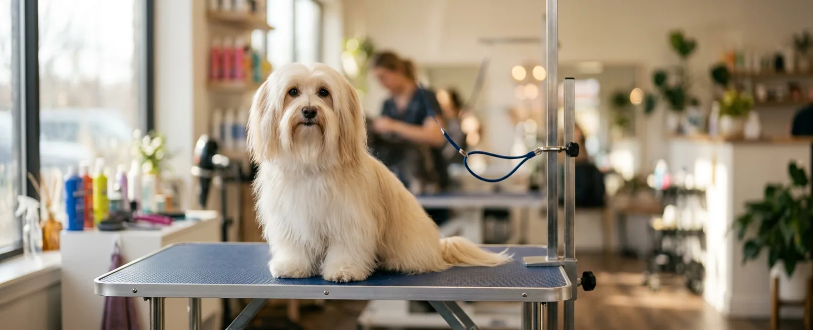 Havanese with silky flowing coat freshly groomed at Fancy Pet Salon Lynchburg VA