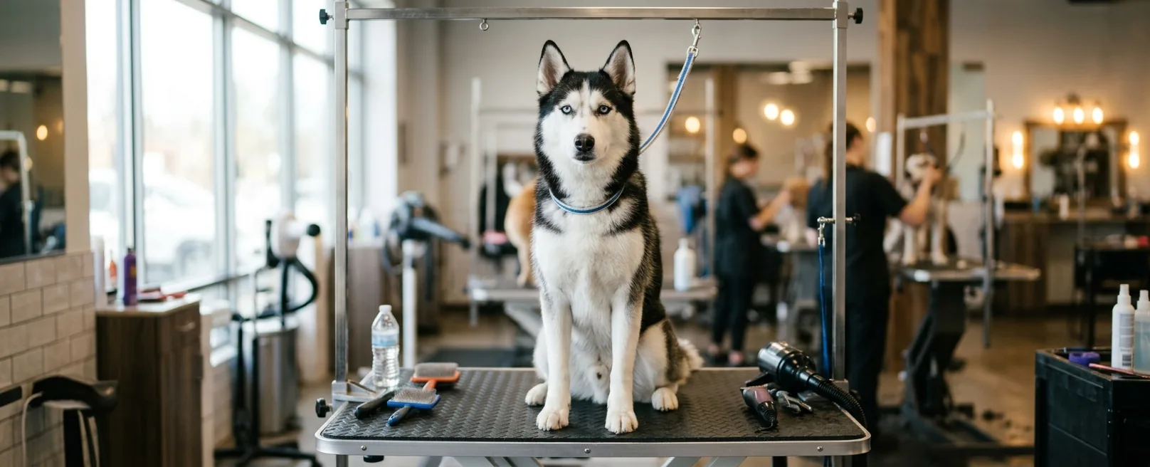 Husky Siberiano con doble manto y ojos azules en mesa de peluquería en Fancy Pet Salon