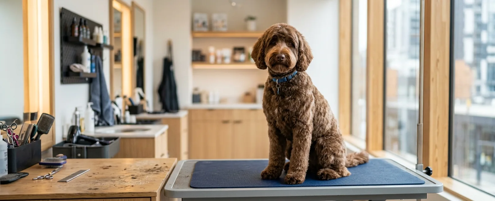 Labradoodle chocolate con corte teddy bear en mesa de peluquería en Fancy Pet Salon