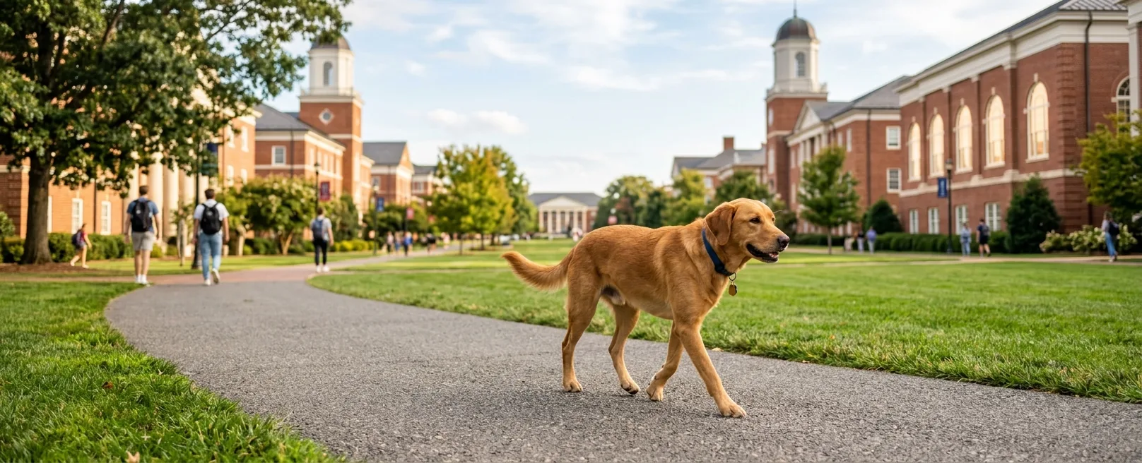 Dog walking on Liberty University campus with red-brick collegiate buildings in Lynchburg, VA