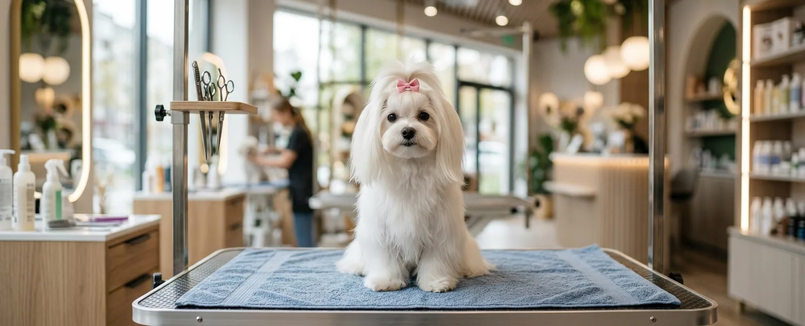 Maltese with silky white coat and topknot bow at Fancy Pet Salon Lynchburg VA