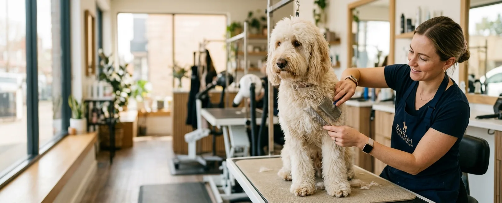 Groomer carefully working through matted fur with patient gentle hands at Fancy Pet Salon