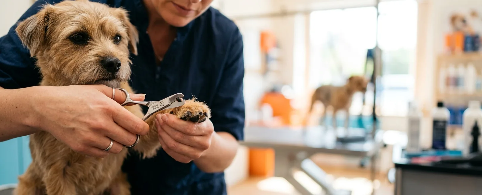 Professional groomer trimming small dog nails with stainless steel clipper at Fancy Pet Salon