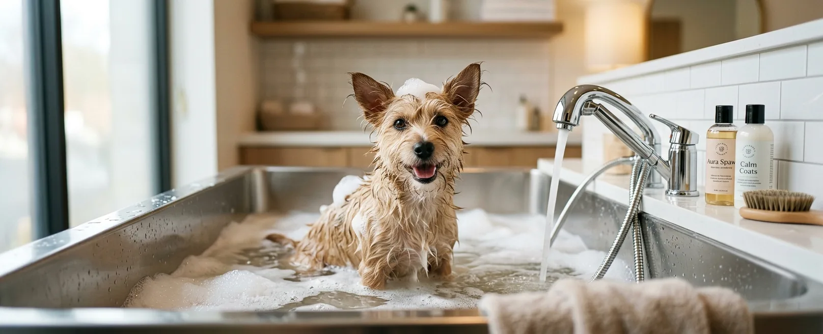 Happy small dog in professional grooming tub with warm bubbles during pet spa day