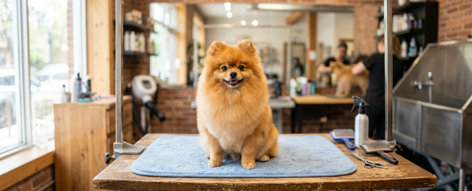Fluffy orange Pomeranian in teddy bear cut at Fancy Pet Salon