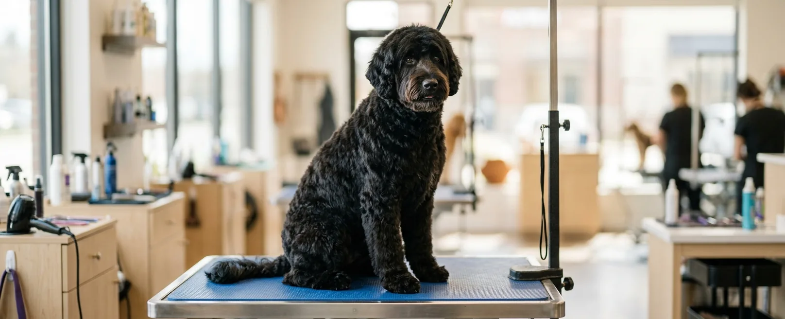 Perro de Agua Portugués negro con corte león clásico en Fancy Pet Salon