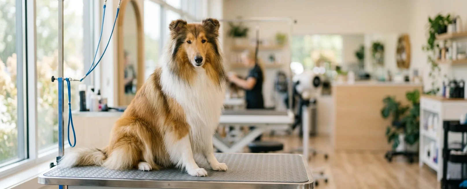 Sable and white Rough Collie with flowing long coat on grooming table at Fancy Pet Salon