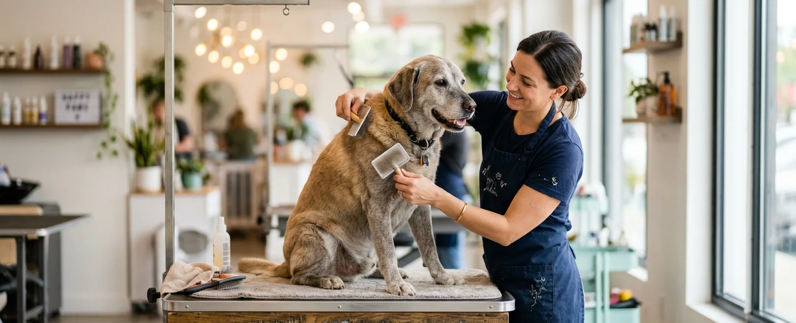 Perro mayor de hocico canoso siendo cepillado con cuidado en Fancy Pet Salon