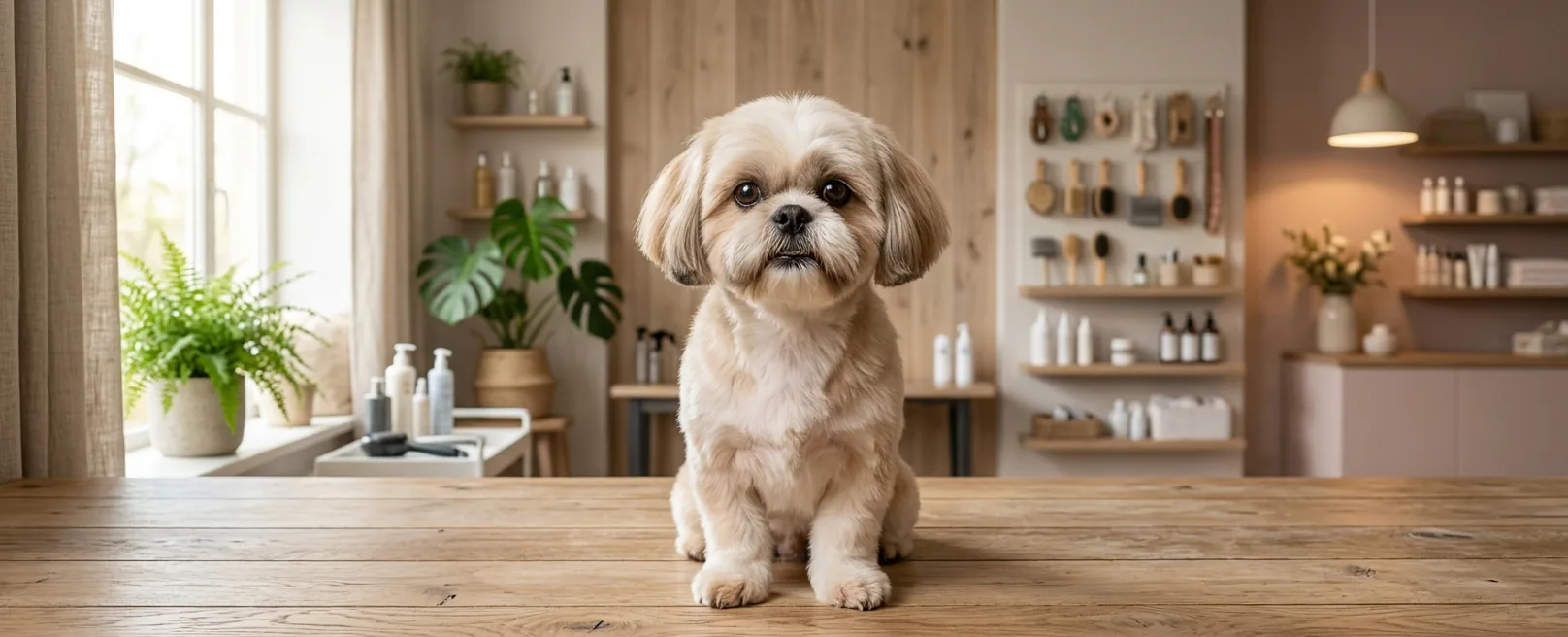 Shih Tzu with a neat puppy cut on the grooming table at Fancy Pet Salon in Lynchburg VA
