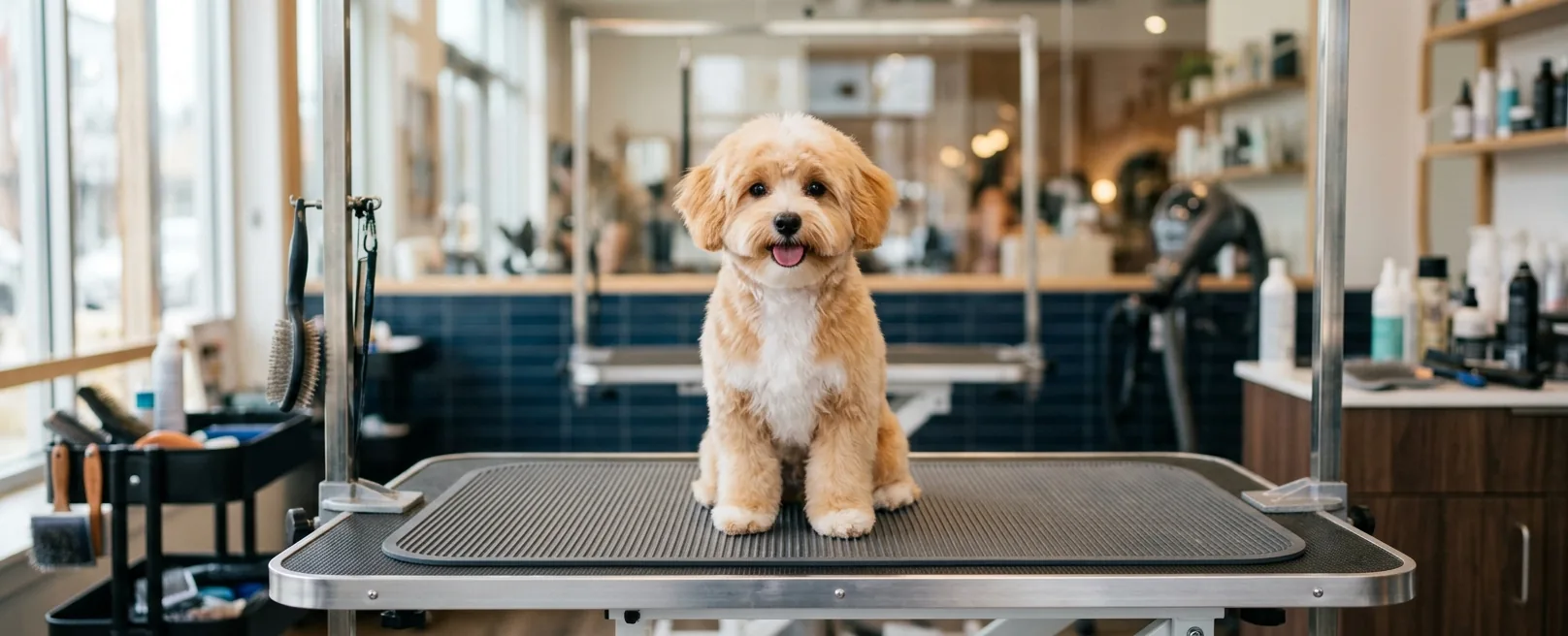 Adorable perrito toy recién aseado en mesa de peluquería en Fancy Pet Salon Lynchburg VA