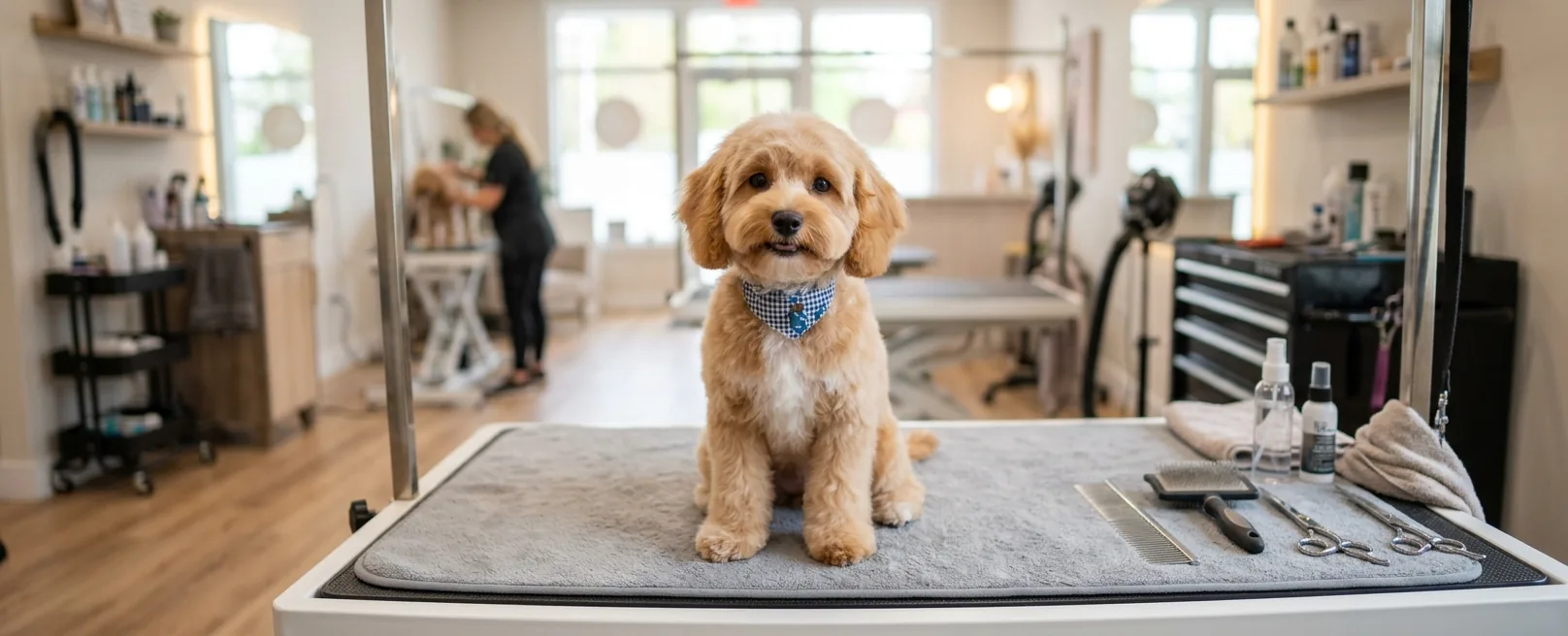 Cavapoo with classic teddy bear cut on grooming table at Fancy Pet Salon Lynchburg VA