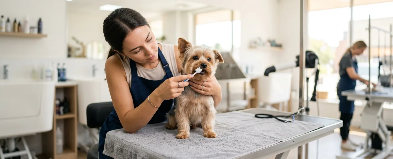 Groomer gently brushing Yorkshire Terrier teeth at professional pet salon