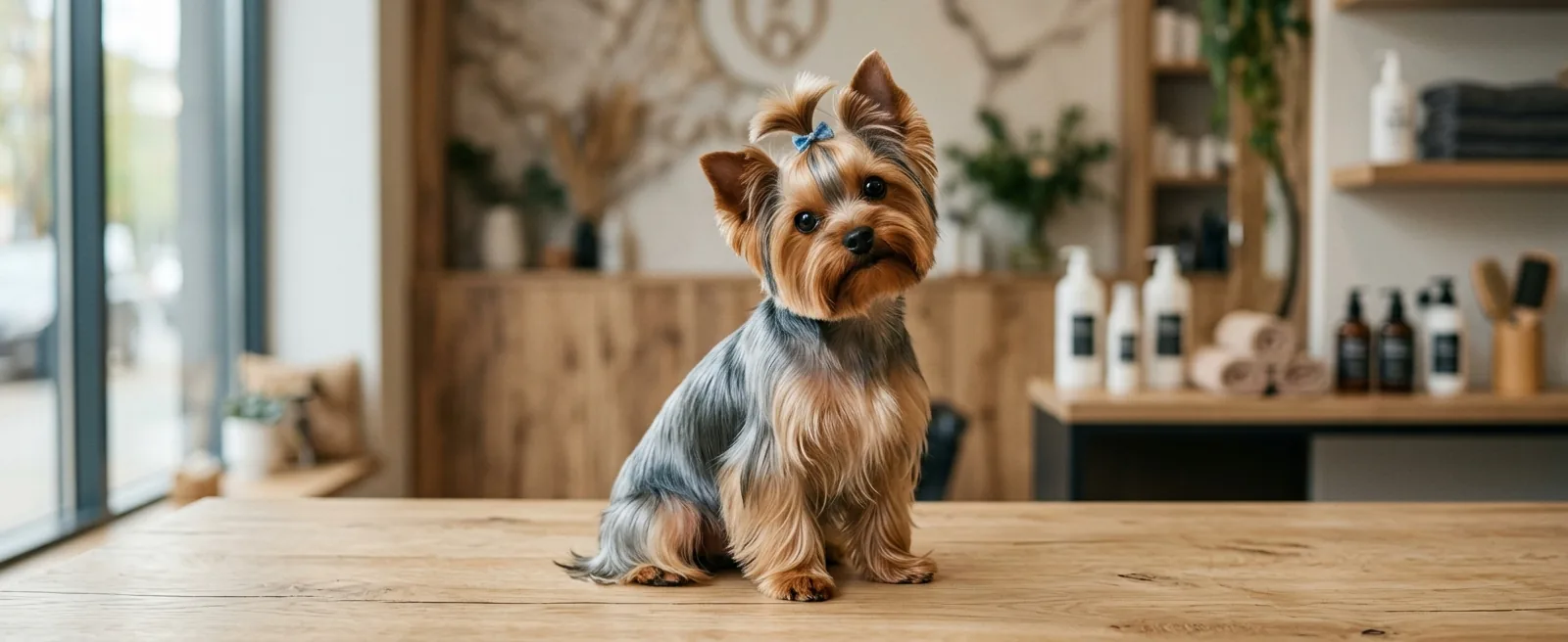 Yorkshire Terrier después del baño con lazo azul en peluquería canina moderna, Lynchburg VA