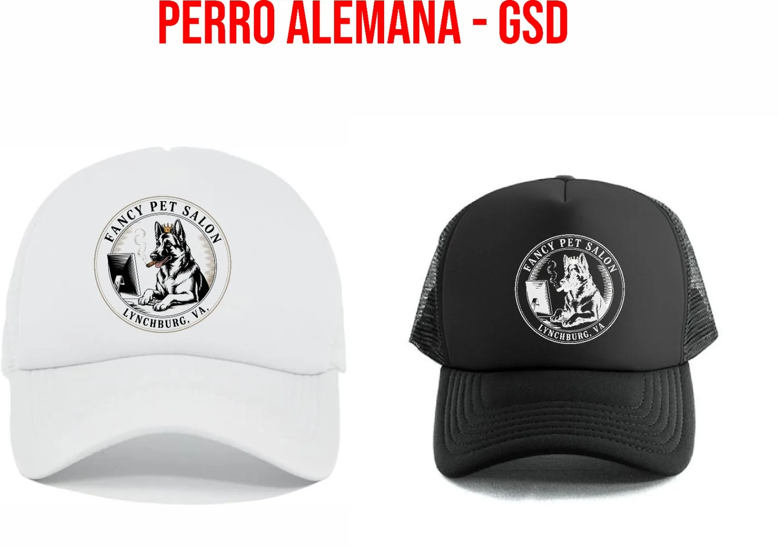 Fancy Pet Salon cap in white or black with Perro Pastor / GSD design