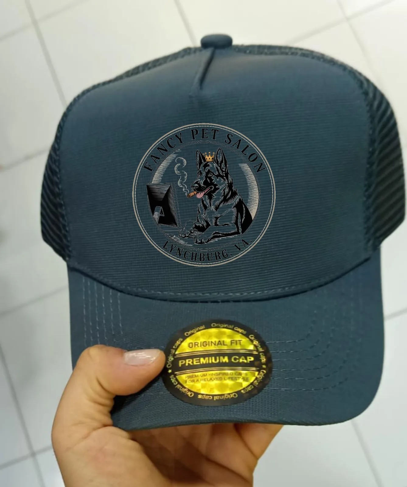 Fancy Pet Salon trucker cap in slate with Perro Pastor / GSD design