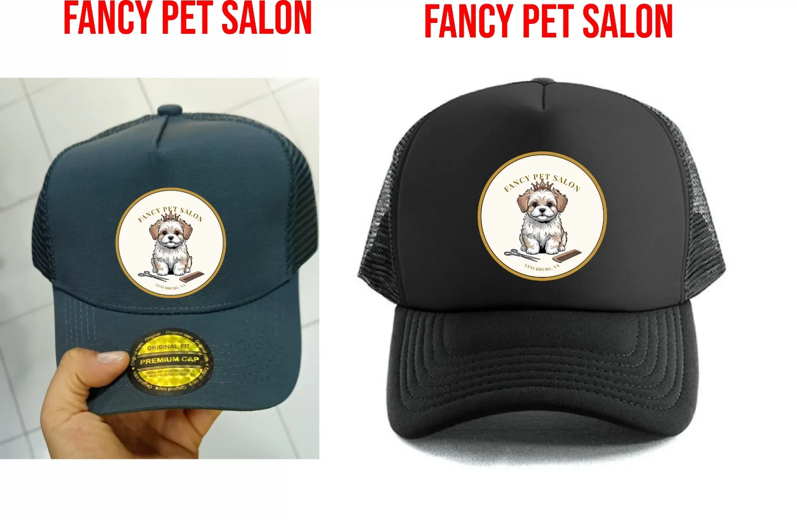 Fancy Pet Salon trucker cap in slate or black with Maltipoo design
