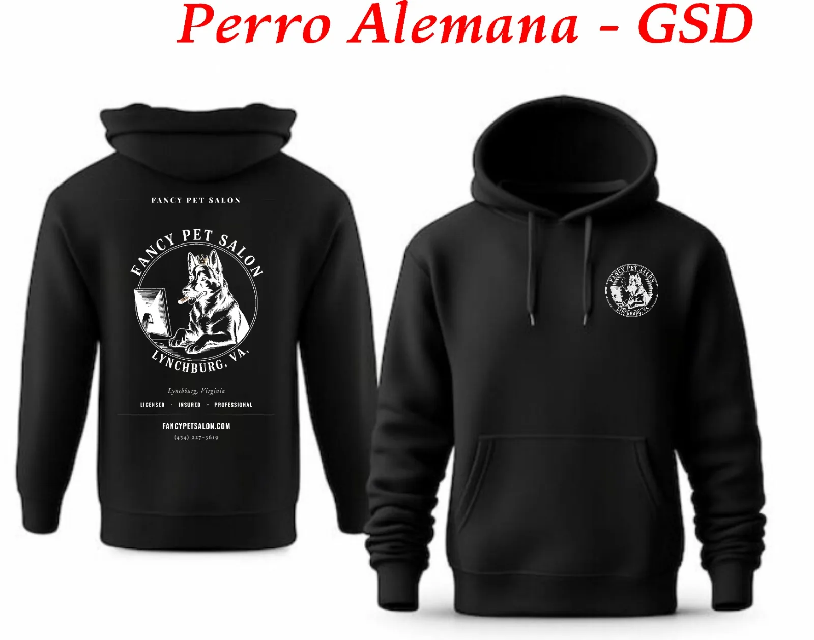 Fancy Pet Salon hoodie in black with Perro Pastor / GSD design