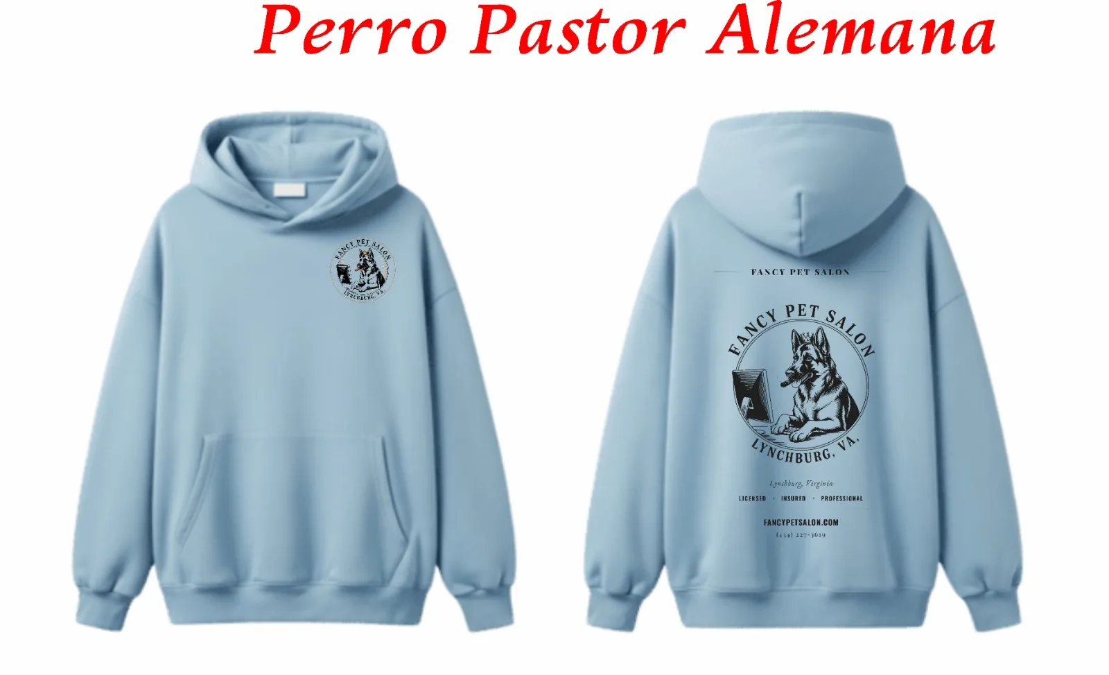 Fancy Pet Salon hoodie in light blue with Perro Pastor / GSD design
