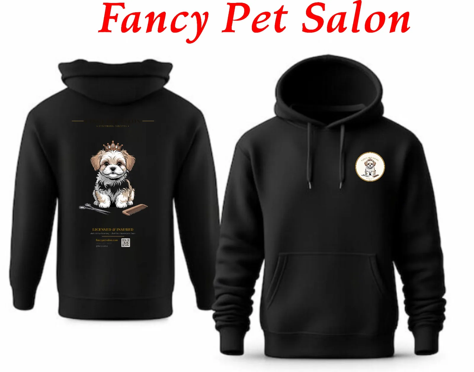 Fancy Pet Salon hoodie in black with Maltipoo design