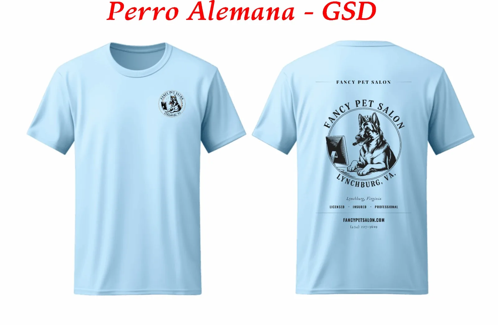 Fancy Pet Salon t-shirt in light blue with Perro Pastor / GSD design