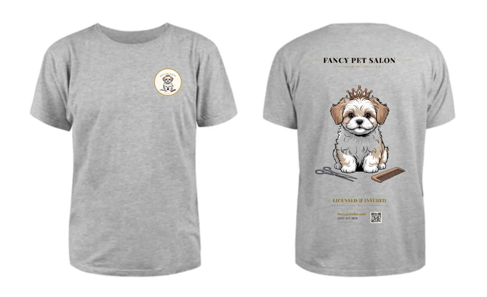 Fancy Pet Salon t-shirt in grey with Maltipoo design