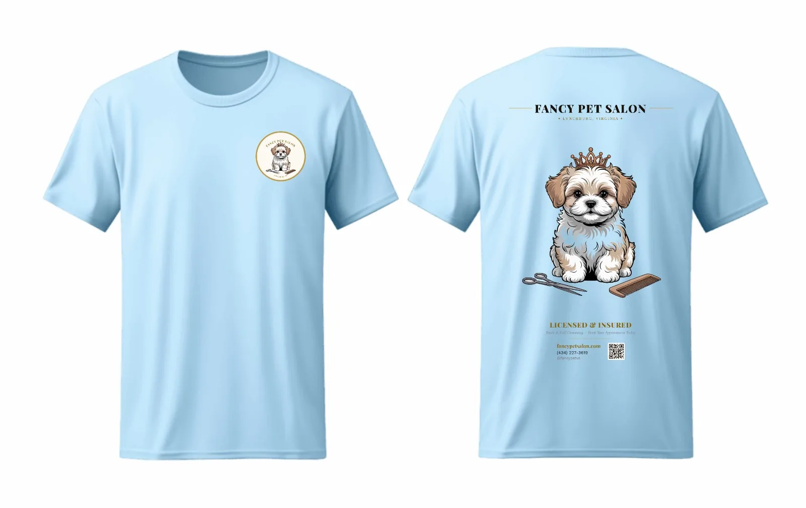 Fancy Pet Salon t-shirt in light blue with Maltipoo design